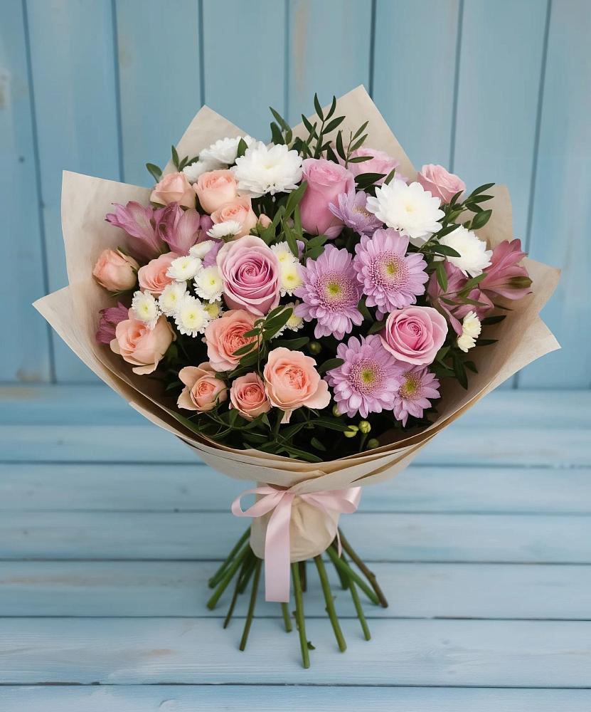 Букет цветов из: Хризантемы, Розы и Альстромерии в Глажево