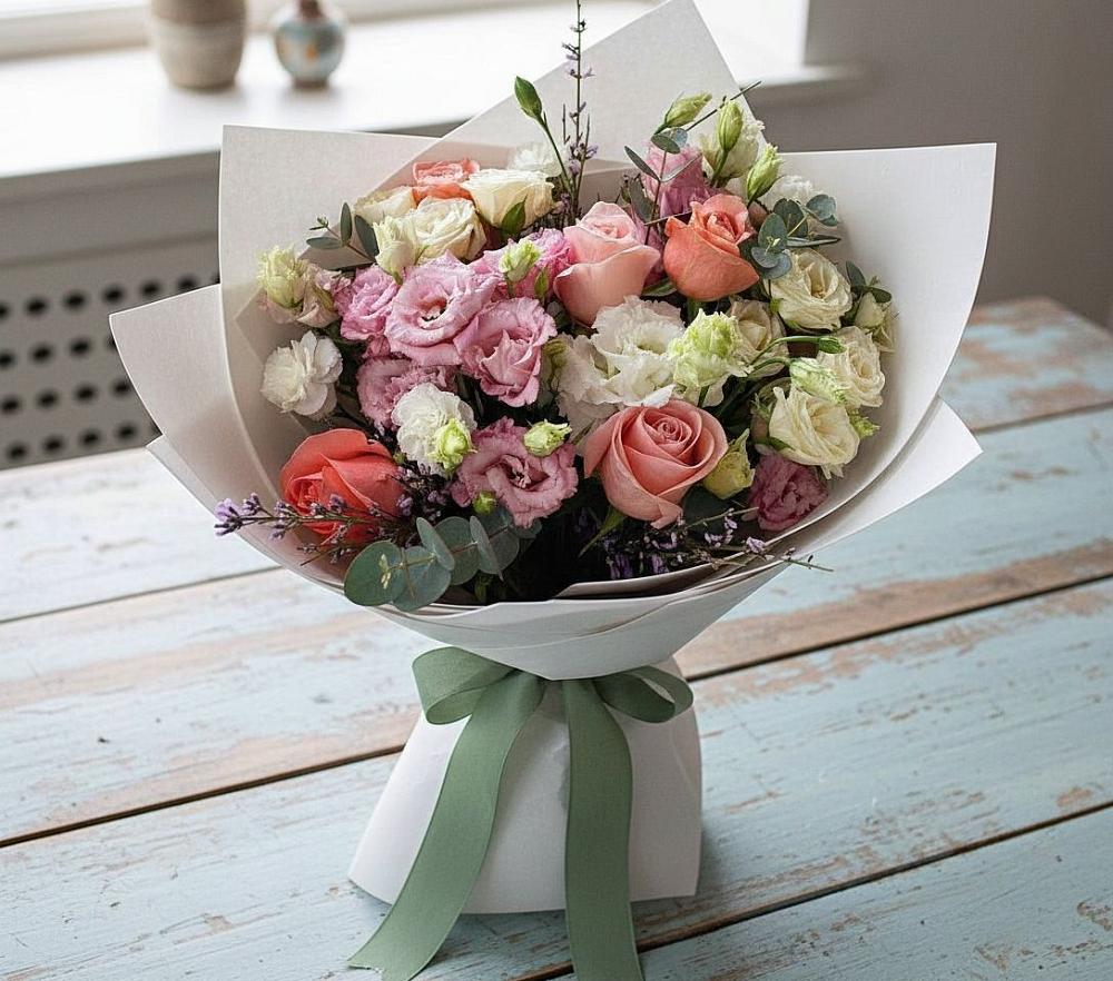 Букет цветов из: Розы, Лизиантусы и Гвоздики в Глажево