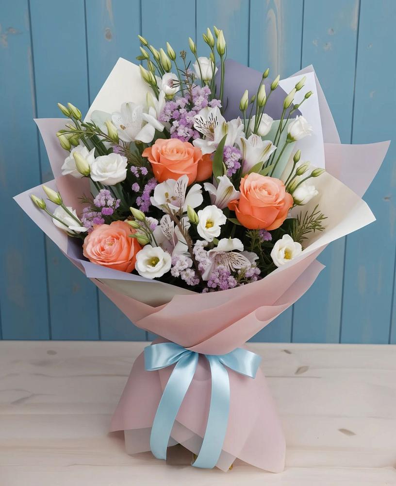 Букет цветов из: Лизиантусы, Розы, Альстромерии и Гипсофила в Глажево