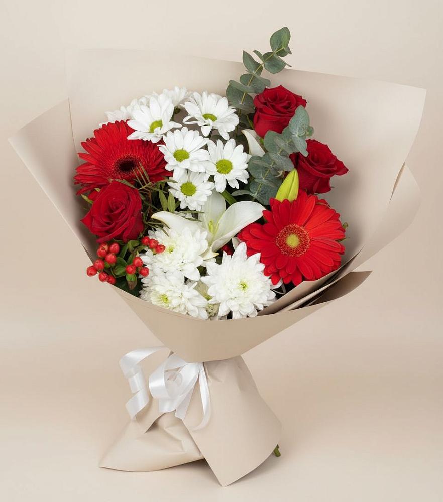 Букет цветов из: Розы, Хризантемы, Герберы и Лилии в Глажево