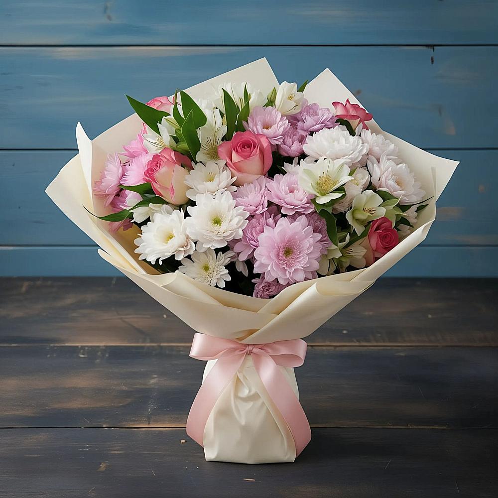 Букет цветов из: Хризантемы, Альстромерии и Розы в Глажево